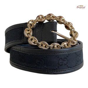 Authentic Gucci Black Monogram Canvas Leather Gold Chain Buckle Belt Size 85/34